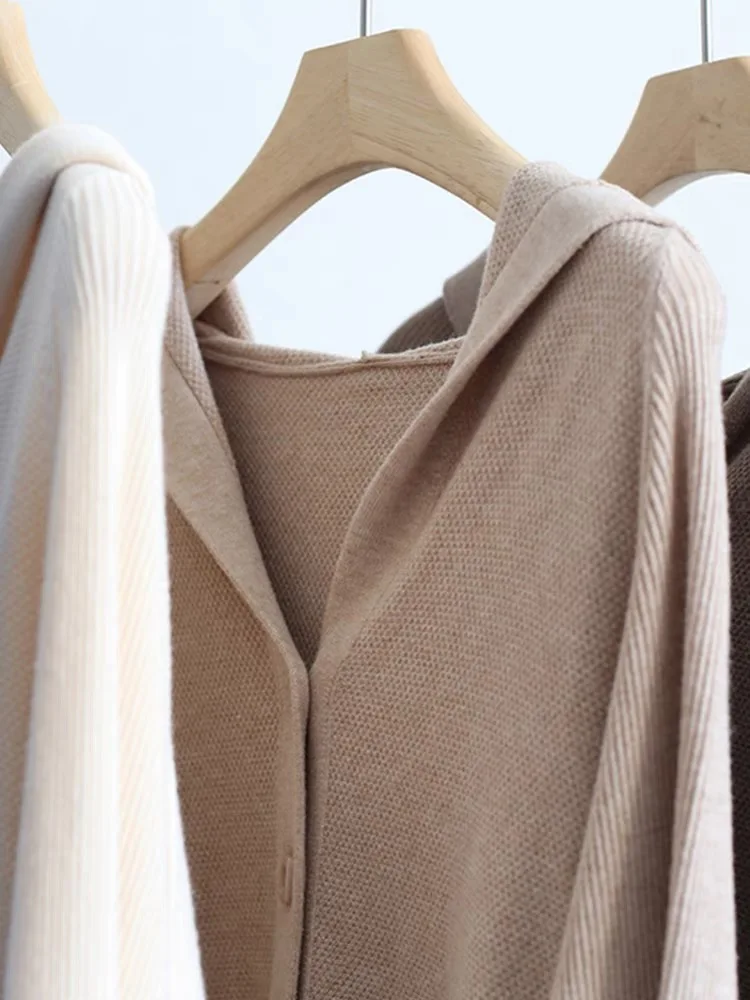 High Quality Women Solid Hooded Cardigan Sweater Jacket Long Sleeve Button Loose Knit Cardigans Coat Batwing Sleeve C-168