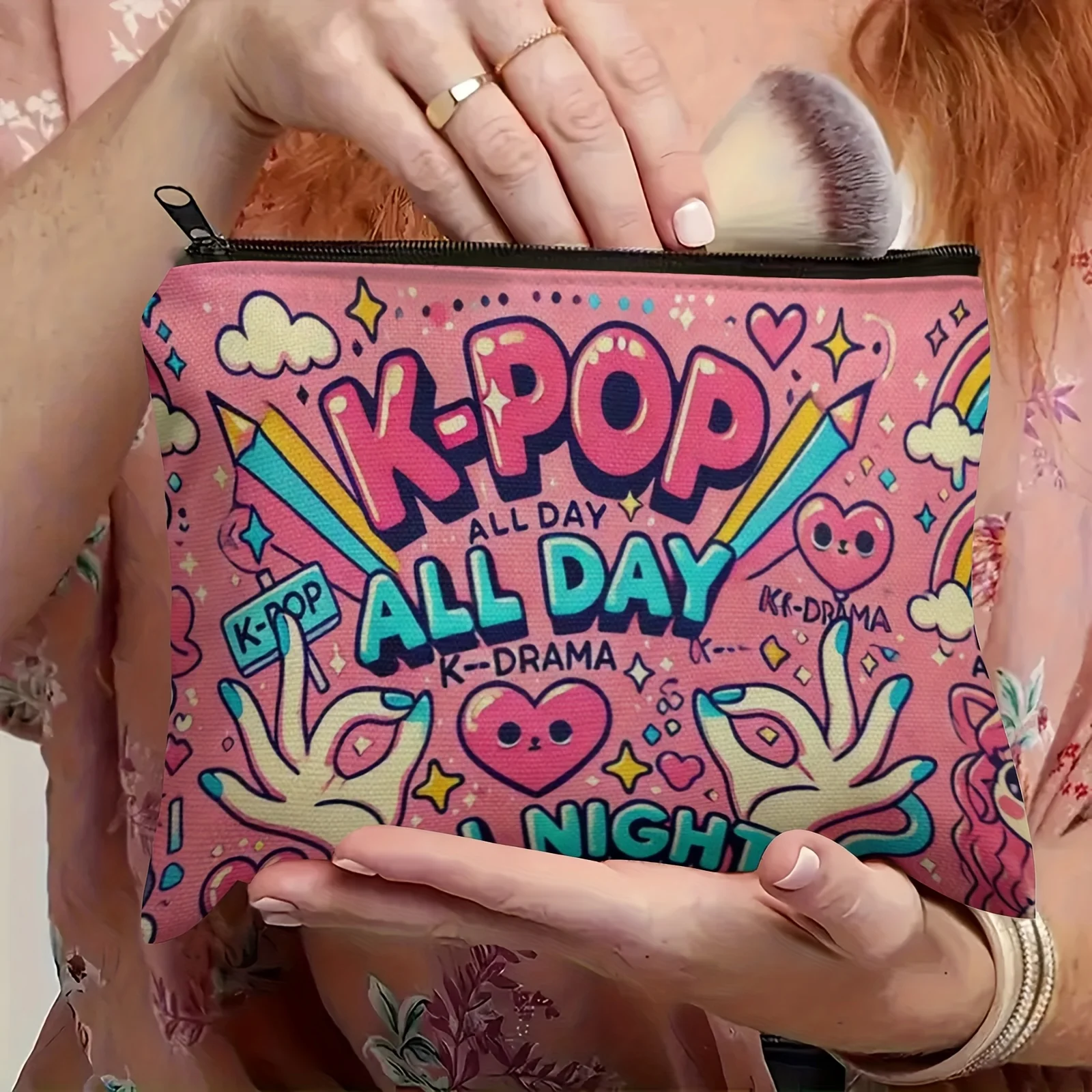 K-Pop Makeup Bag with Korean Drama Characters & K-Drama Phrases - Inspired Foldable Travel Toiletry Case