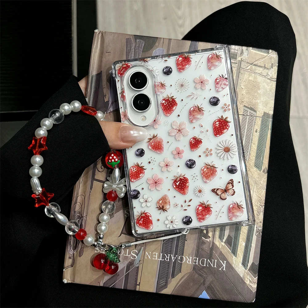 Korean Fashion Cute Strawberry Phone case for Samsung Galaxy Z Fold 8  Cover Z Fold 8 With Chain Cute Shockproof Cover