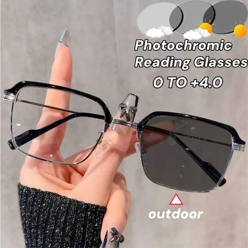 

Trend Photochromic Reading Glasses High Definition Men's Anti-blue Light Eyewear Metal Fashion Classic Hyperopia Eyeglasses +2.5