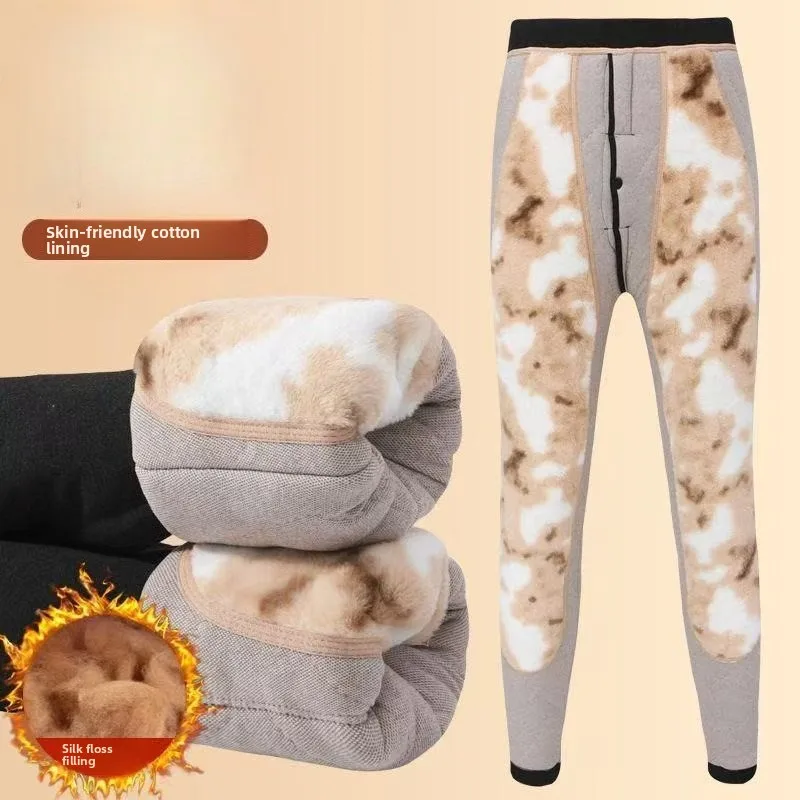 Men's Thermal Underwear Bottoms Super Thick Waist and Knee Support Close-fitting Warm Leggings Elastic Seamless Cotton Pants