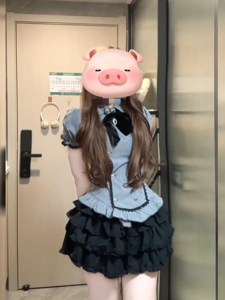 College Style Slimming Suit Dress for Women Summer 2025 New Design Short Sleeve Shirt + Layered Short Skirt Two-Piece Sets