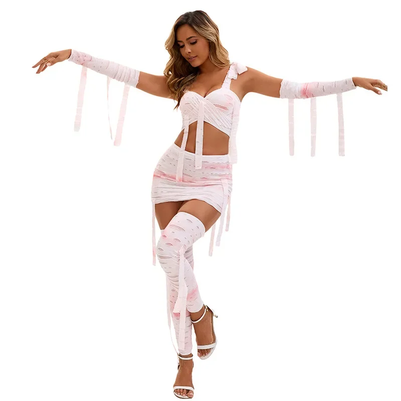 

Mummy Costume Women Bandages Cosplay Ancient Egyptian Mummy Halloween Sexy Bandages Wrapped Sleeves and Tops Skirts Leg Covers