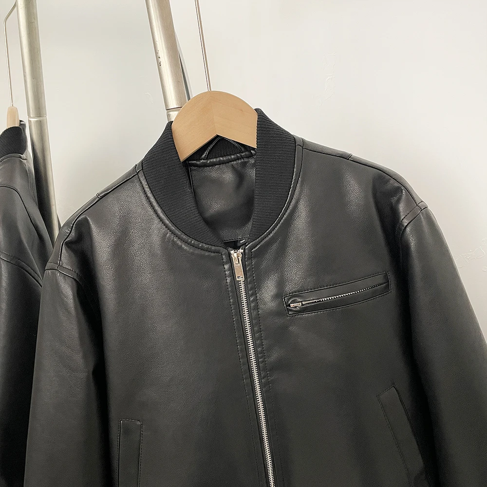 Alta qualidade roupas pretas senhora nova primavera outono jaqueta de couro falso moda feminina gola de malha casaco de couro falso feminino