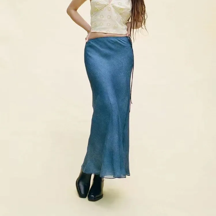 Women Cut On The Bias 100% Silk High Waist Side Lace-up Slim Long Skirt