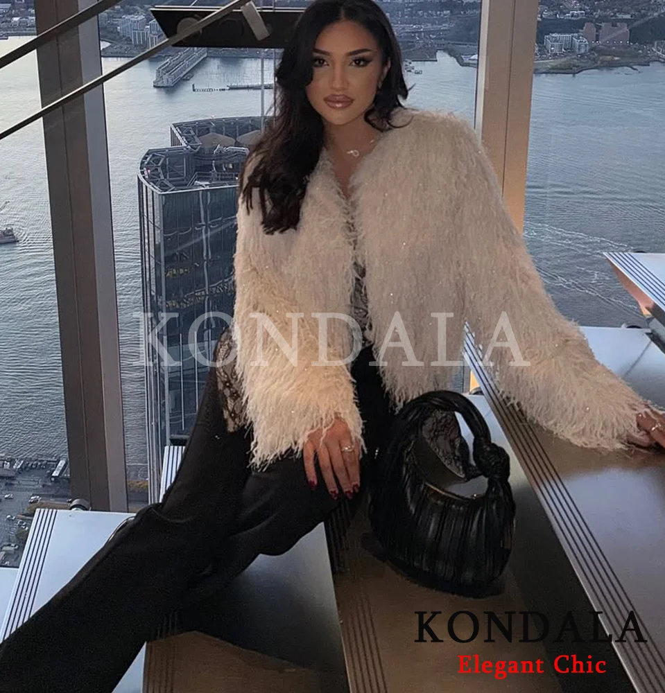 KONDALA Christmas New Year Tassel Women Jackets O-Neck Long Sleeve Short Coats Fashion 2025 Autumn Sexy Party Dinner Lady Jacket