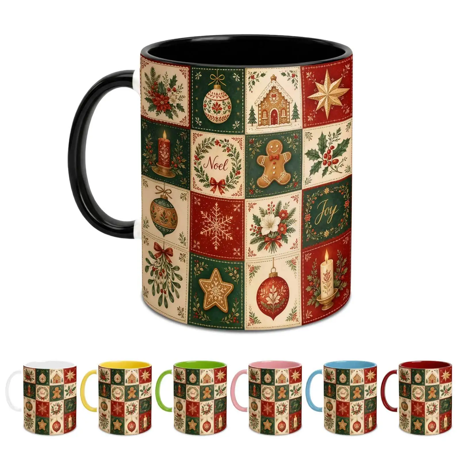 1pc, Christmas Elements Collage, 11oz Color Ceramic Mug, Vintage Farmhouse Floral Gingerbread Cookie Printed, Home Decor and Office Desk, Christmas Gift, Tumbler, Local Warehouse, Gifts for Men and Women, Friends.