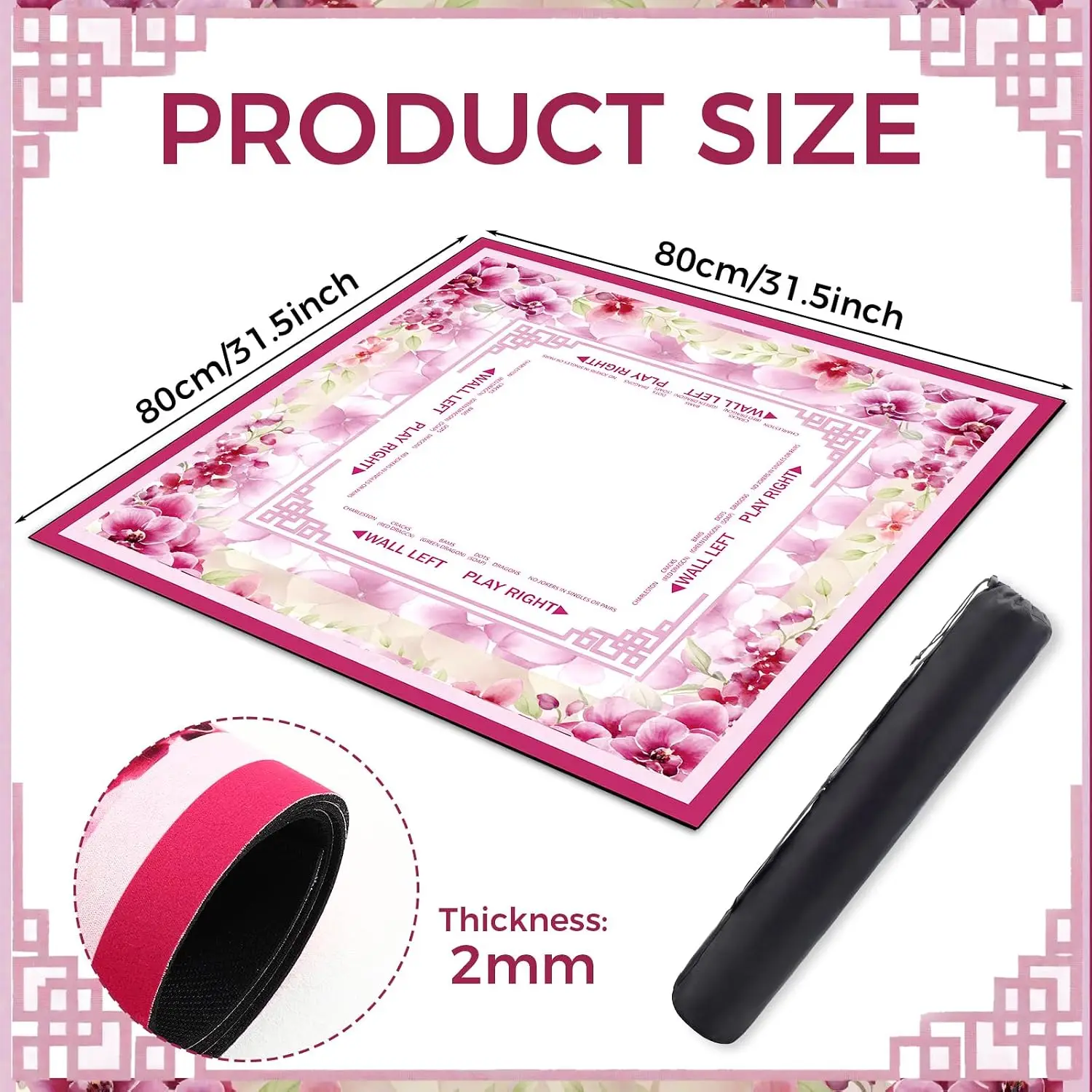 80cm Pink Flower With Carry Bag Mahjong Game Mat Anti‑Slip Wrinkle‑Resistant Mahjong Table Mat Poker Dominoes Tile Game