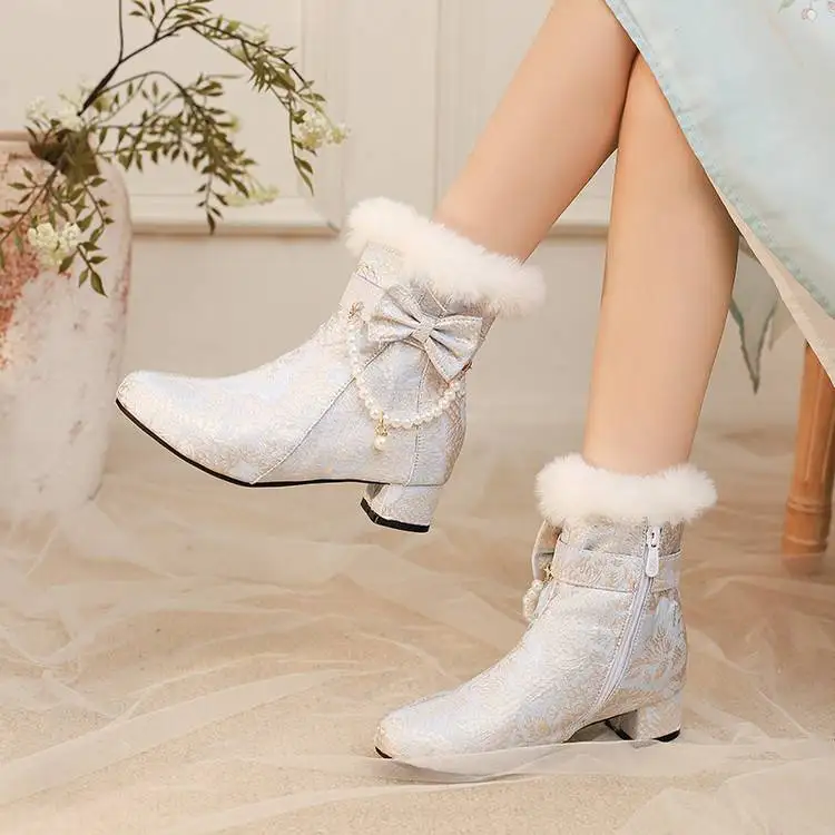 Autumn Winter Lolita Thick-heeled Short Boots Chinese Fashion Sweet Beaded Bow Womens Shoes Commuting Large-size Silk High Heels