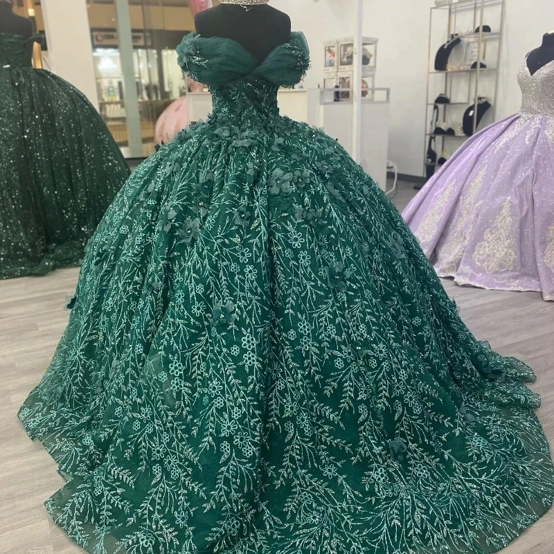 Vestidos de princesa verde para quinceañera, vestido de baile con hombros descubiertos, encaje Floral, dulce 16, 15 Años, mexicano