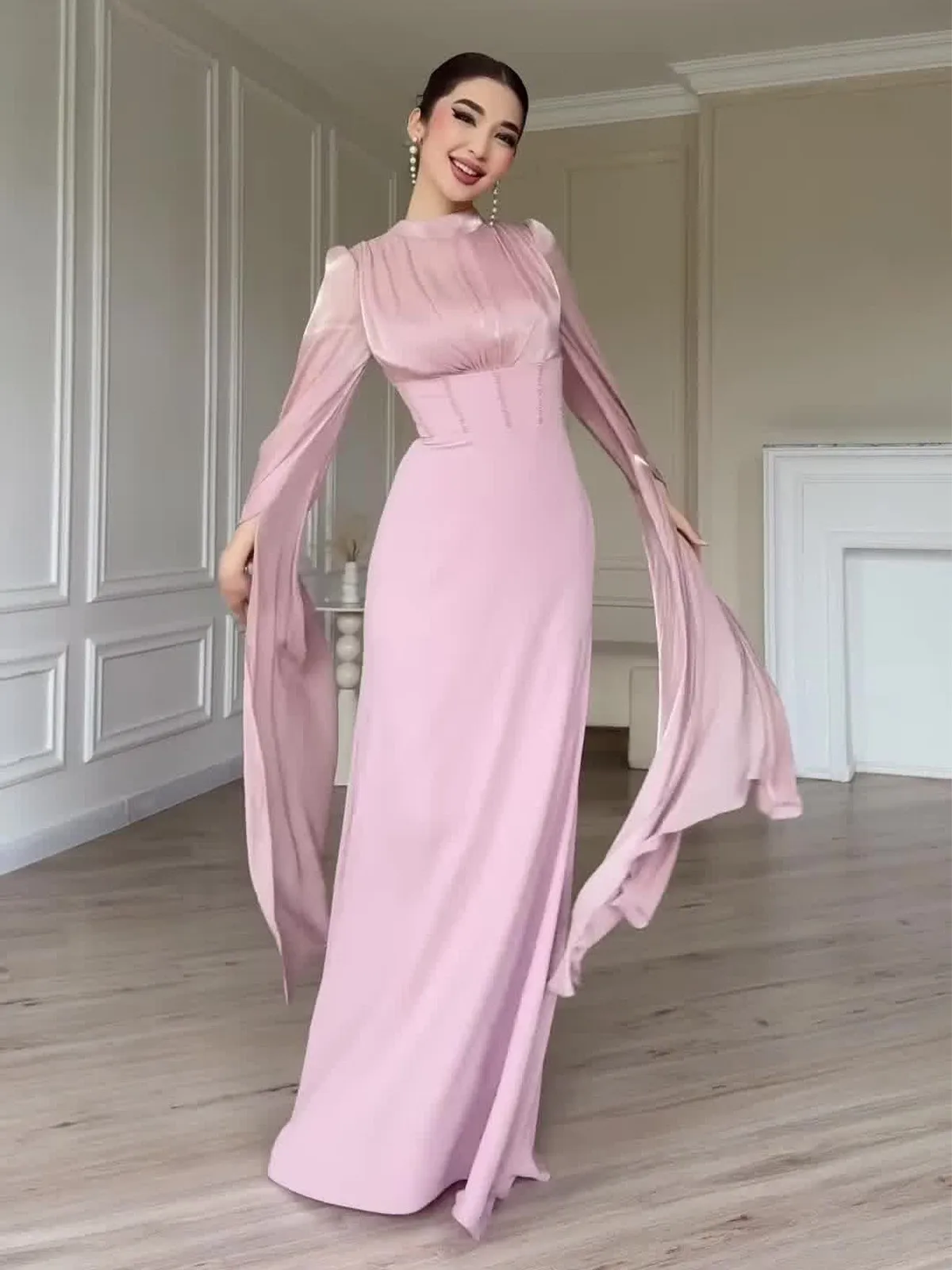 Long Sleeve Slim Fit Dress with Wrap Detail and High Neckline Noblewoman Style Elegant Fit and Flare Spring Long Dress for Women