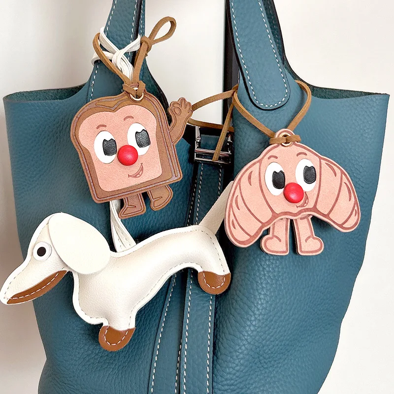 PU Leather Charms Bag Pendant Car Key Chain Cute Croissant Handmade Toast Bread Key Ring Ornament Accessories Decoration Gift