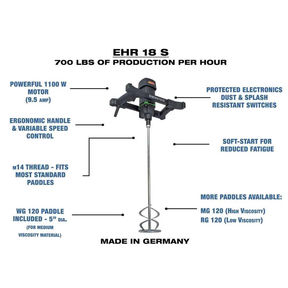 휴대용 핸드헬드 전기 콘크리트 믹서, 가변 속도 제어, WG 120 패들, 9.5 앰프, 110 VAC, 700 lb/hr 믹싱