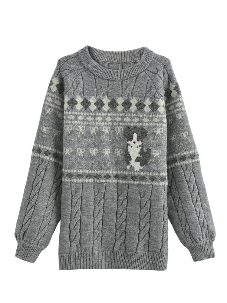 

Y2k Sweet Long Sleeve Gray Sweater Cartoon Print Women Casual Korean Knitwear Pullover O-Neck Slim Spring Autumn Patchwork