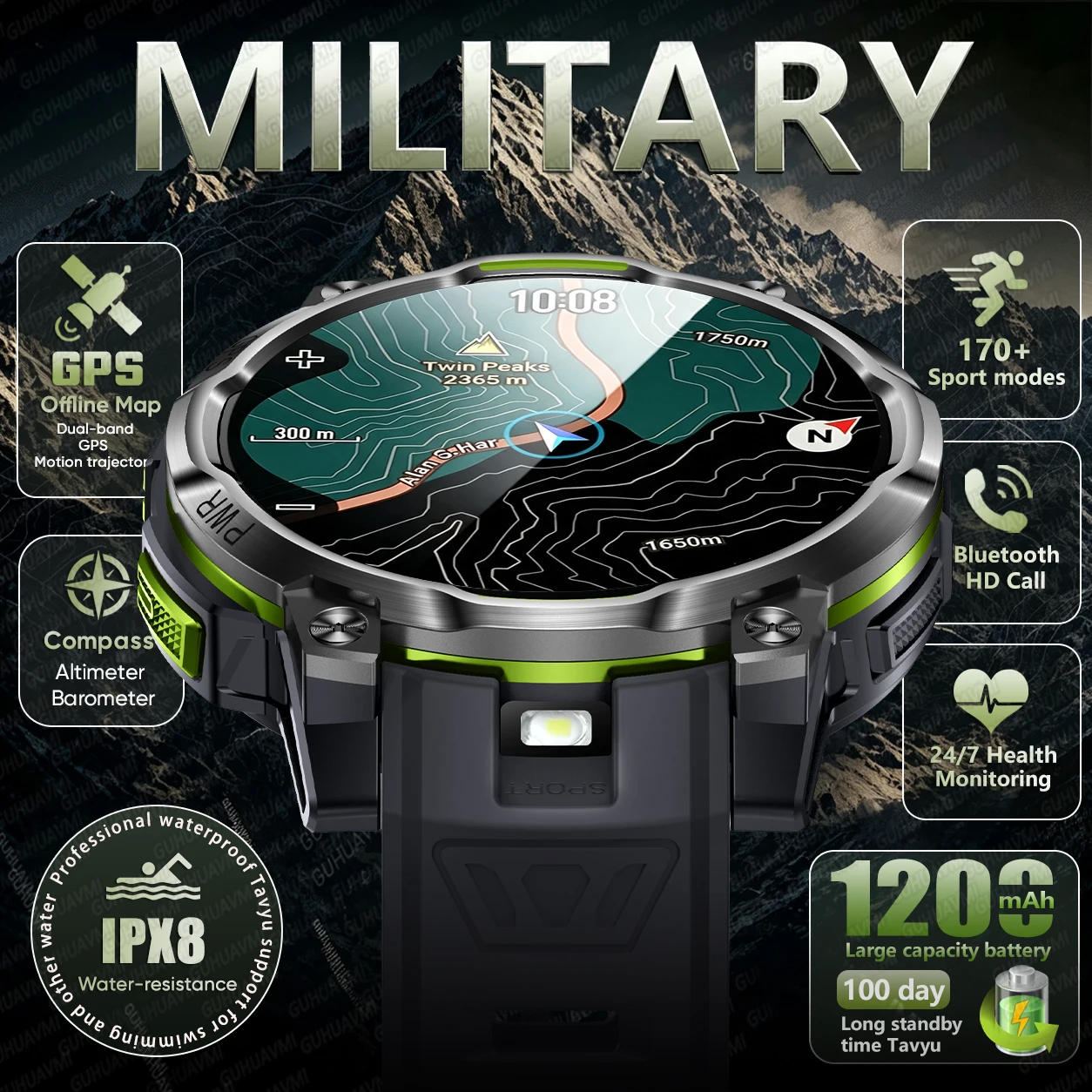 2026 New GPS Offline Map Smart Watch Men 1200mAh Battery IPX8 Waterproof Compass Altimeter  Flashlight Bluetooth Call Smartwatch