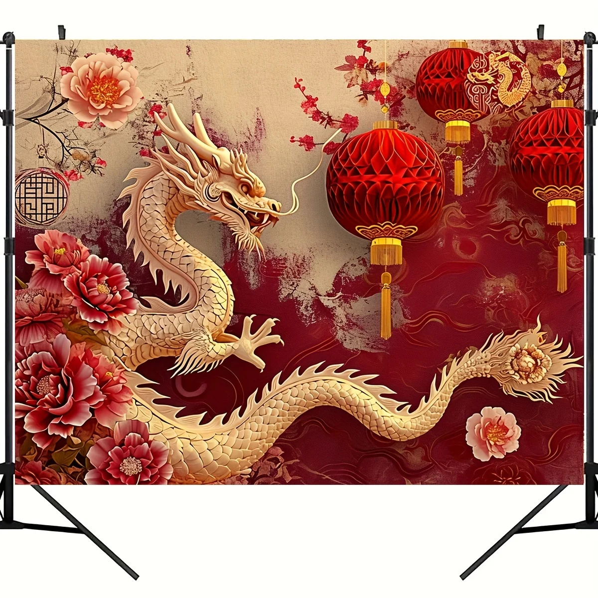 One, Chinese New Year Banner Background Festival Paper Cuttings Flower New Year Lantern the Year of the Loong Party