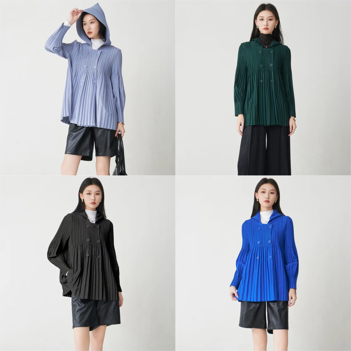 

Плиссированное женское пальто Miyake, новинка 2025, осенне-зимнее двубортное свободное модное универсальное плиссированное пальто с капюшоном и лацканами, куртка