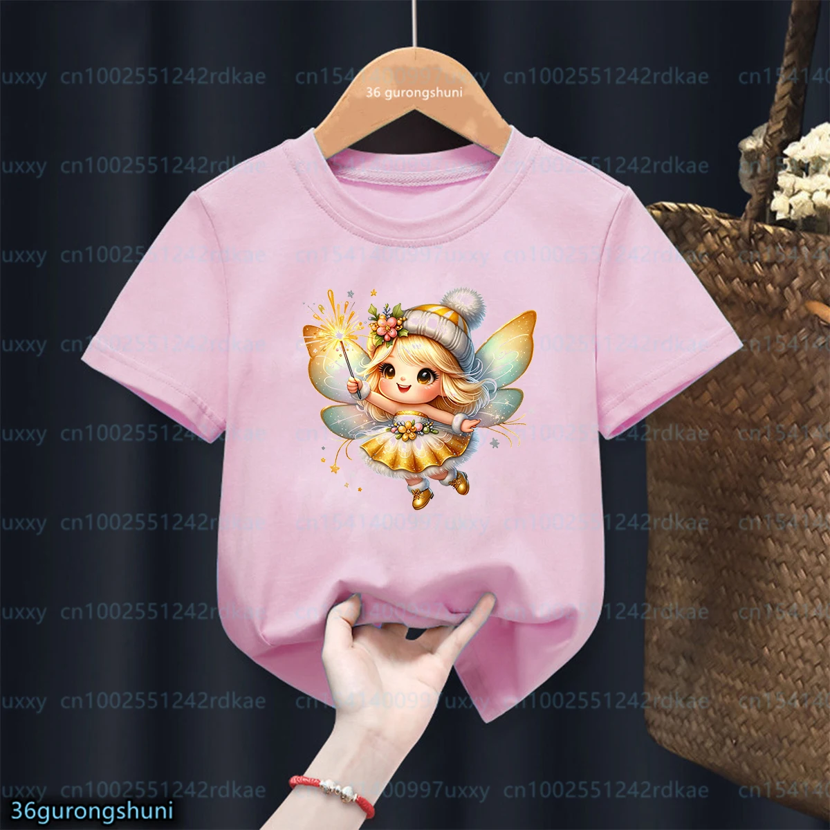 Conto de fadas borboleta impressão gráfica camisetas para meninas, camisetas Kawaii meninas, tops rosa de manga curta, moda feminina, Harajuku