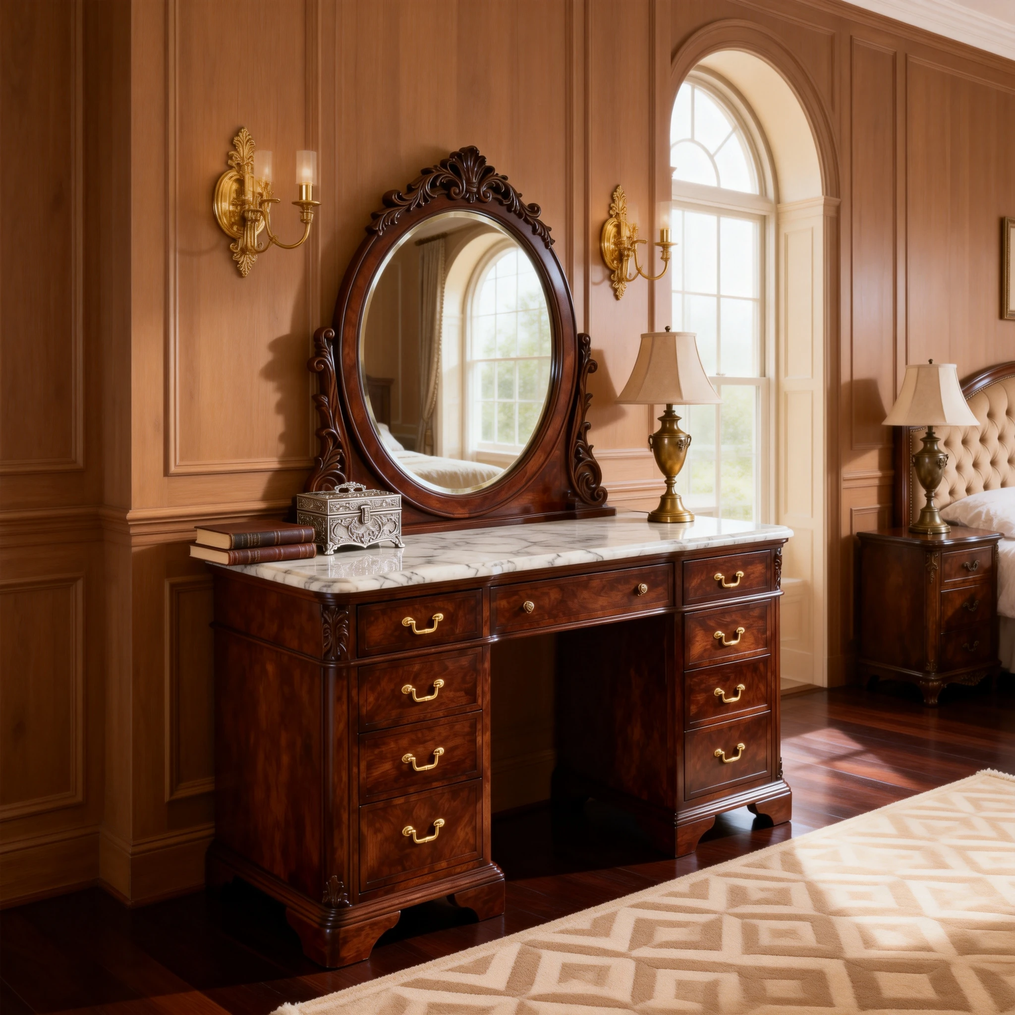 Traditional Ornate Solid Wood Dressing Table Standing Mirror Durable Classic Bedroom Vanity Apartment Living Room Storage