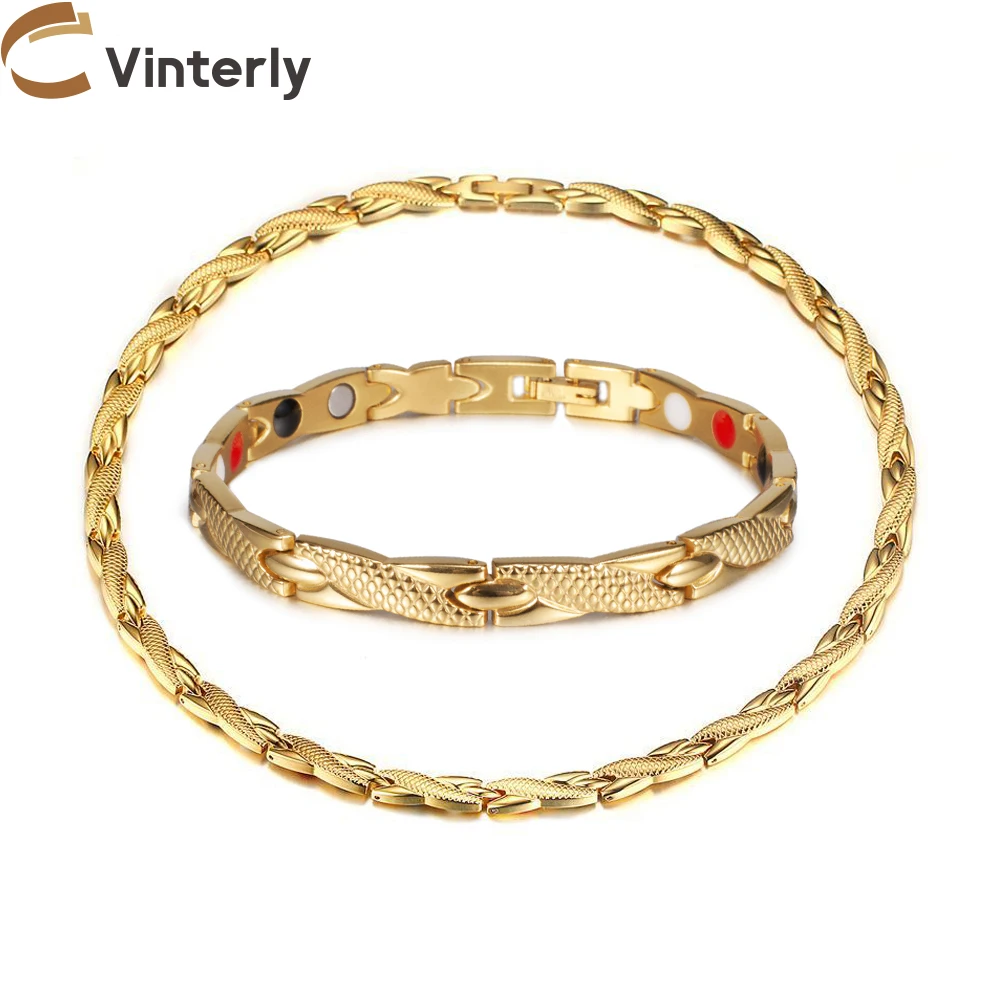 

Vinterly Magnetic Jewelry Sets for Men Cross Gold-color Stainless Steel Bracelets Necklace Chain Link Health Energy Jewelry-set