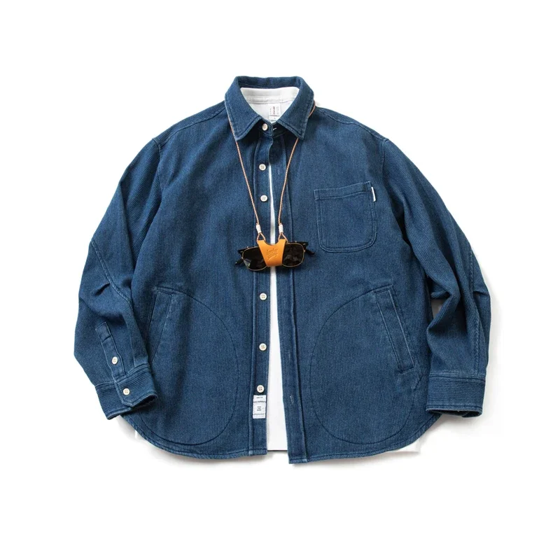 Japanese Autumn and Winter Indigo Texture Fabric Denim Shirt Men's Fashion Solid Color Long Sleeve Loose Wash Jacket