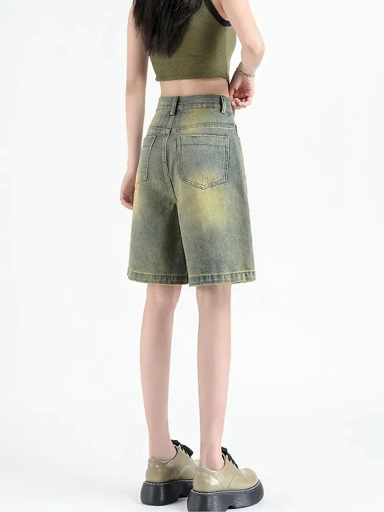 Women's Retro Sweet Cool Style High Waisted Denim Shorts, New Summer Korean Fashion Casual Versatile Women Street Wide Leg Pants