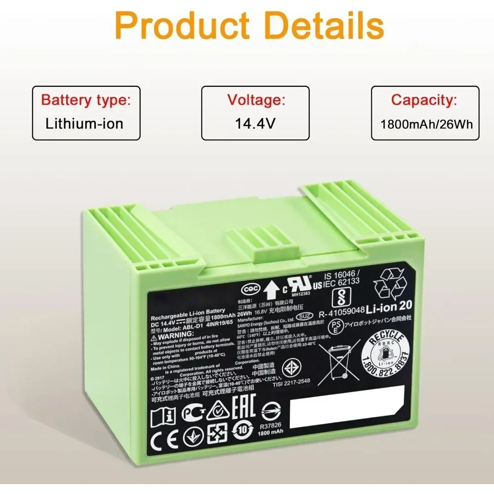 ABL-D1 14.4V 5000MAH Authentic Replacement Parts - Lithium Ion Battery for Roomba E & I Series Robot Vacuums i3+ i4+ i7+ i8+
