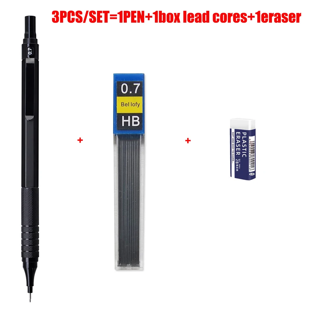 3 stks/set Metalen Vulpotlood Set 0.5/0.7/0.9mm Lood Refill Automatische Potlood Art Schets Schilderen Schrijven briefpapier