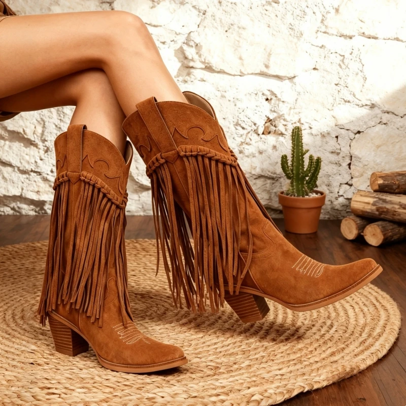 Vintage Fashion Women’s Cowboy Boots Pointed Toe Embroidery Fringe Detail Mid Calf Boots Country Concert Festivals Wedding Dressy Long Boots For Women
