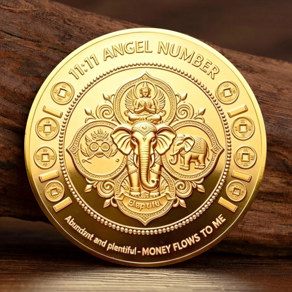 2D Flat Wealth Symbol Golden Plated Commemorative Coin Wealth Abundance Buddha Elephant Souvenir Coin Collectible lucky Gift