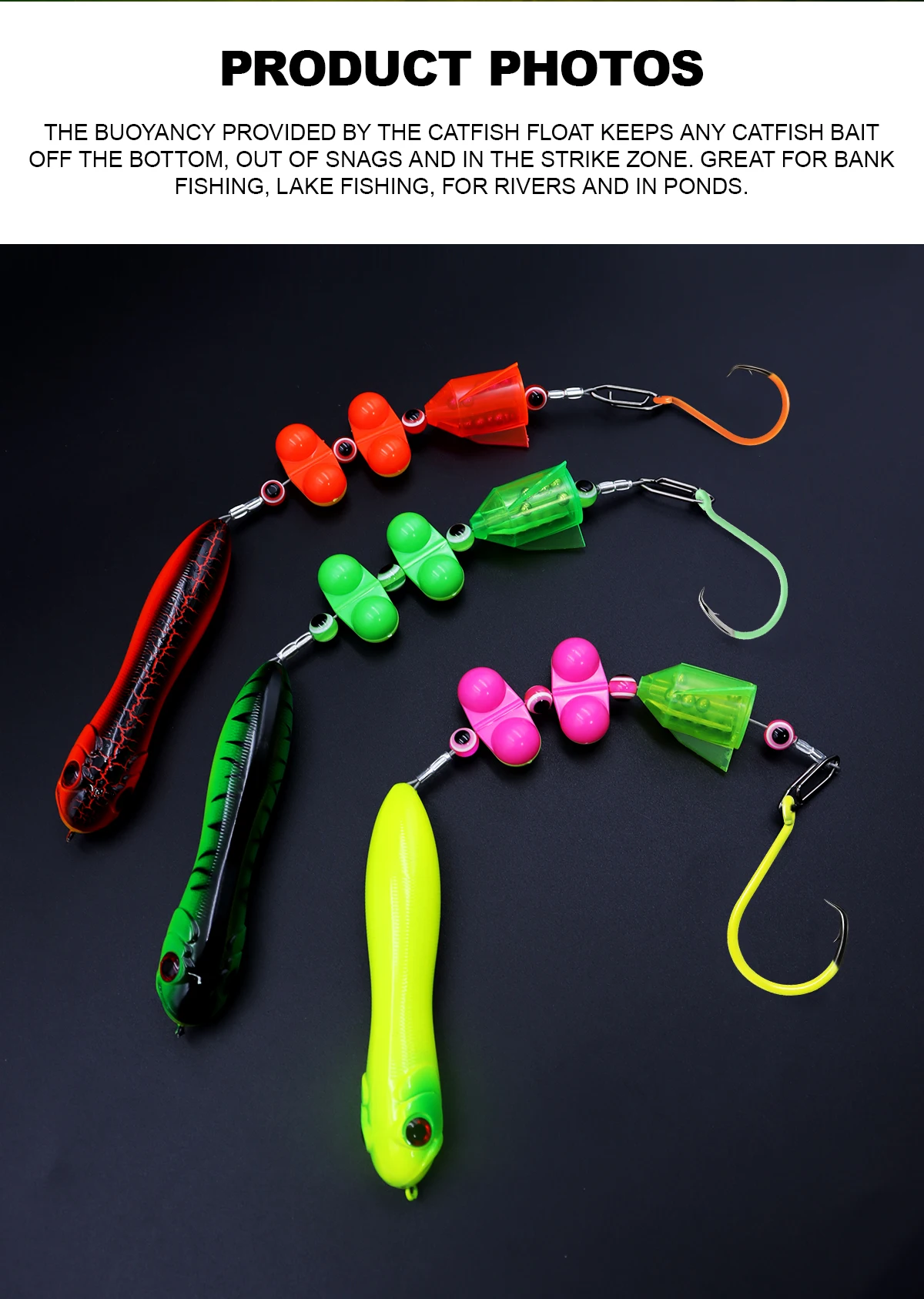 ZYZHE 3-teilige Welsangel-Rigs mit 7/0 # 9/0 # 10/0 # Bunte Kreishaken mit Kunstköder, Schwimmer und Klingelkugel – Ideal für Welsangeln – Detail 5