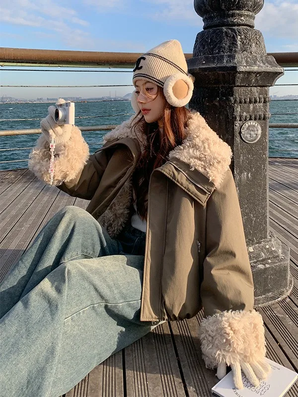 

Женская зимняя парка с воротником из овчины, утепленная, модная, теплая, на молнии, в корейском стиле, с длинными рукавами