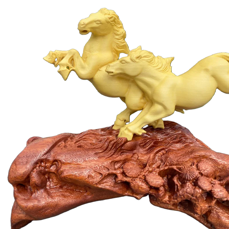 Yellow Boxwood Hand Carved Galloping Horses Statue Sculpture on Wooden Base - Instant Success Prosperity Ornament Home Decor