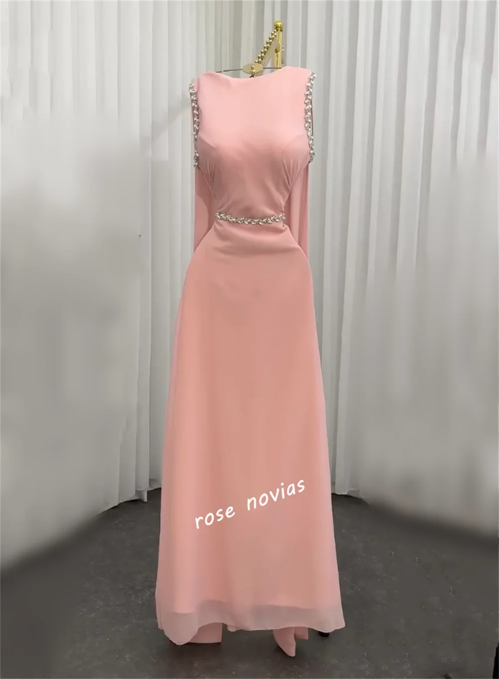 Customized Women's Evening Dress Glitter Rhinestone O-Neck A-line Long Pink Dresses Bespoke Occasion Valentine's Day Temperament