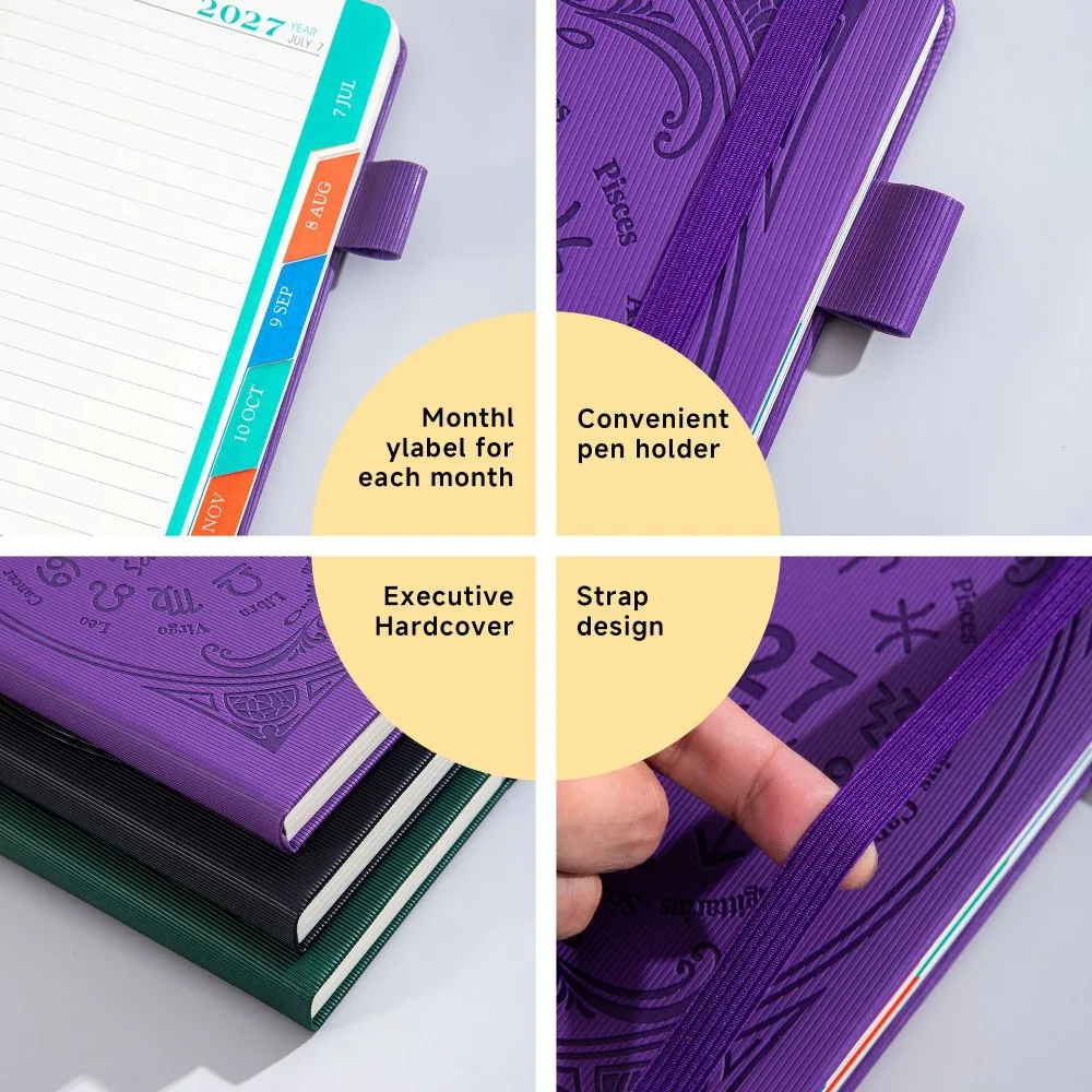 A5 2027 Constellation Pattern Calendar Notebook English PU Leather Schedule Planner Notepad Bookmark Constellation Cover