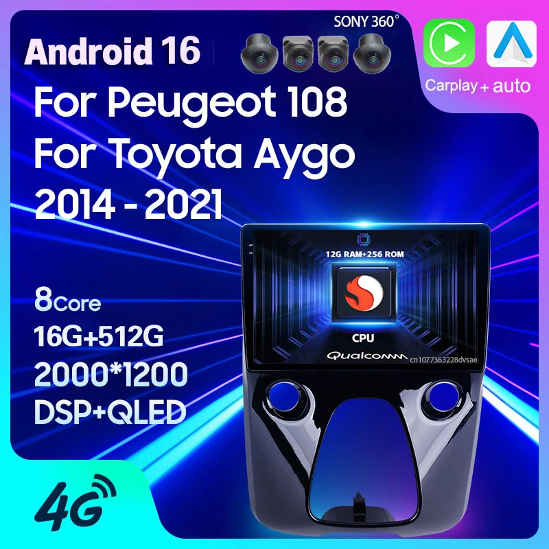 Android 16 Carplay Auto For Peugeot 108 For Toyota Aygo B40 2014 - 2021 Car Radio GPS Navigation Head Unit BT Player 2 Din Video
