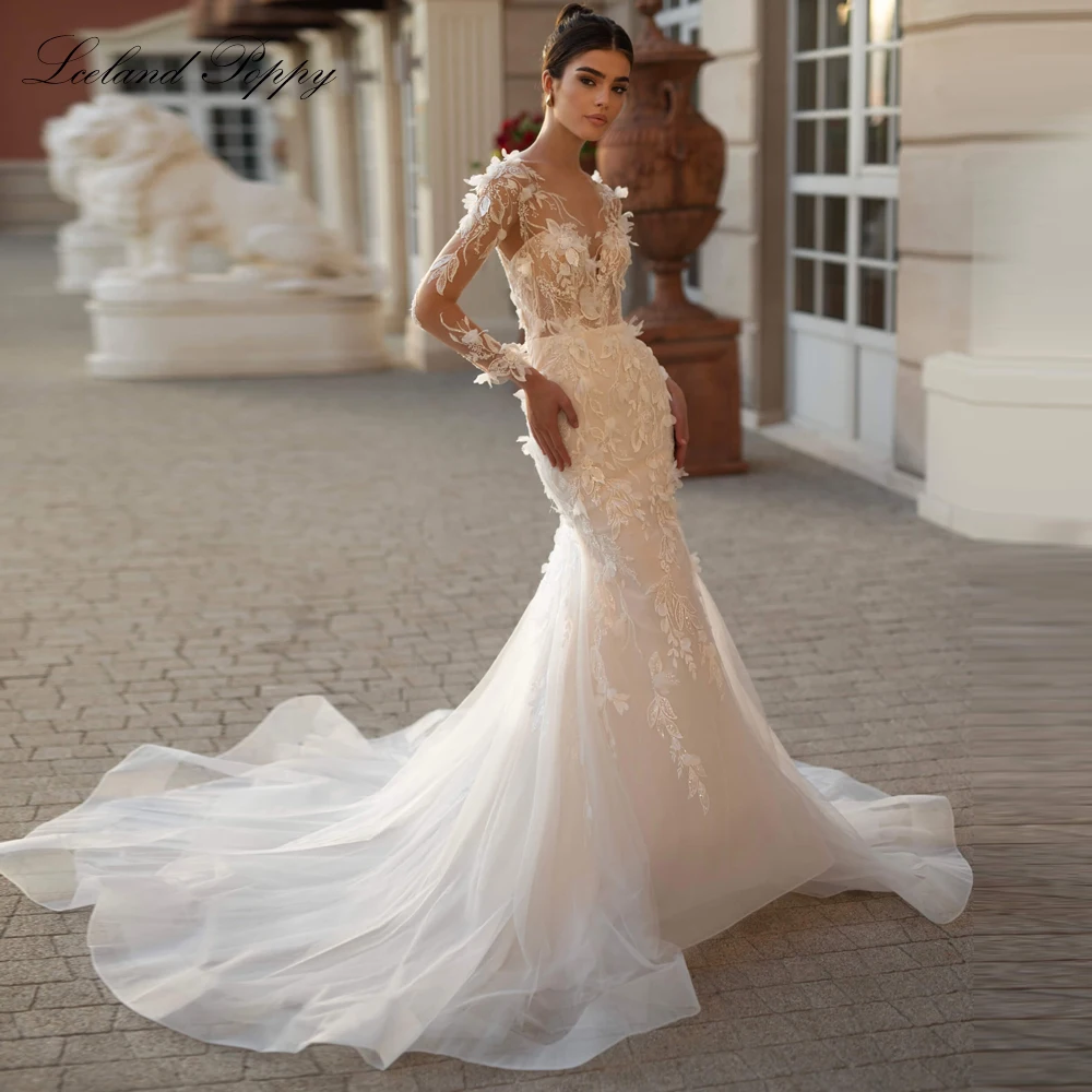 

Lceland Poppy Customized Mermaid Lace Wedding Dresses Scoop Neck Long Sleeves Beaded Bridal Gowns with 3D Flowers