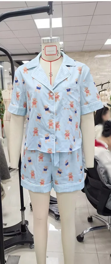 Women's Summer Pajamas Set Cartoon Bear Print Lapel V Neck Short Sleeve Tops with Shorts Lounge Wear 2 Pcs Set