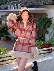 Xiaoxiangfeng Giacca di lana Gonna in due pezzi Retro Plaid monopetto Dimagrante Heavy-Duty Dolce piccante Top Abito alla moda