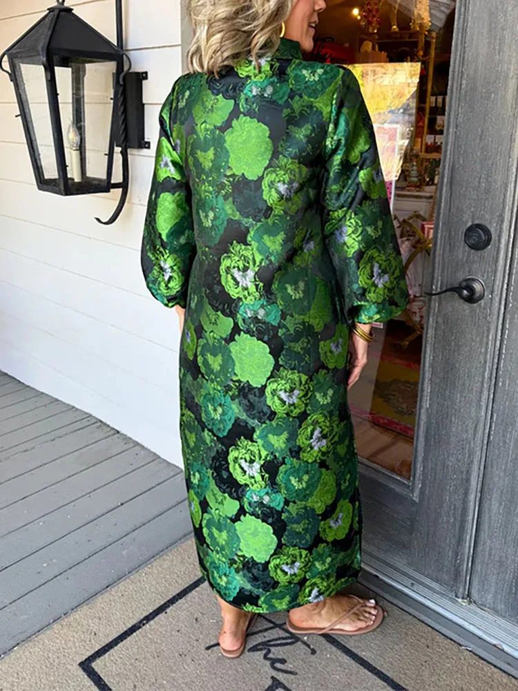 Cómodo vestido suelto de manga larga con cuello levantado para primavera y verano, nuevo estilo, elegante vestido jacquard para mujer
