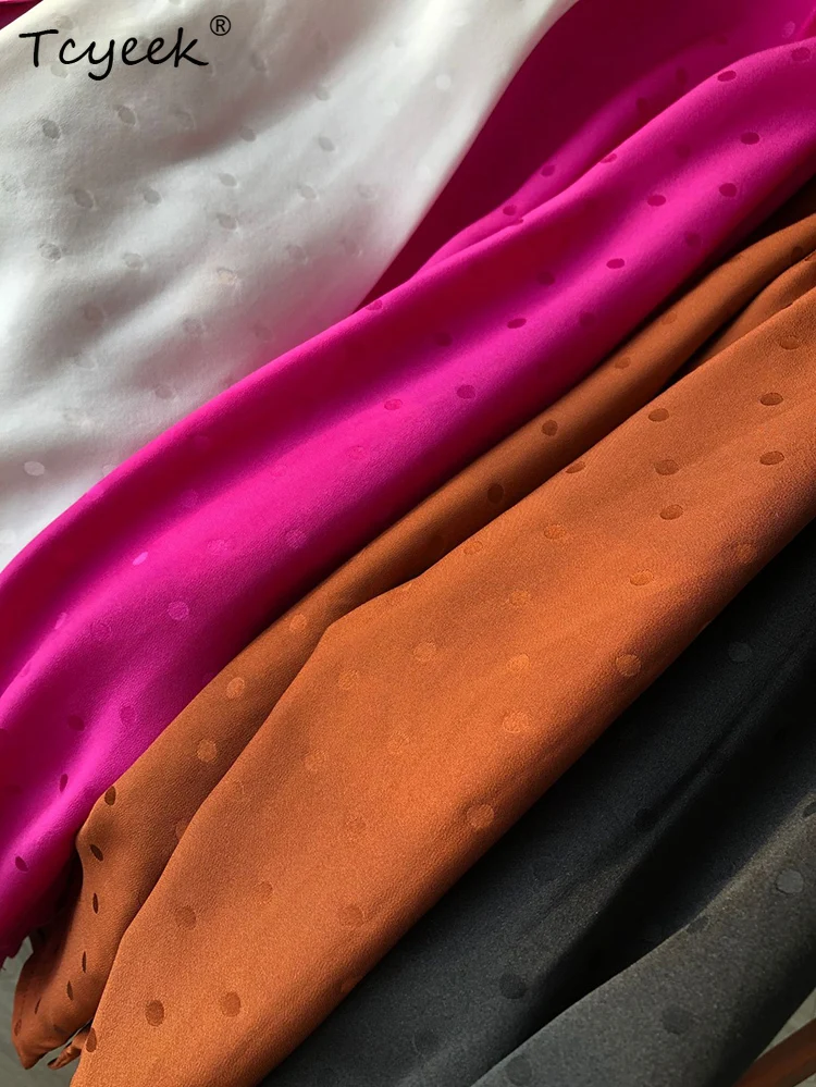 Tcyeek, camicie eleganti in seta 100% 18MM, manica lunga da donna, camicetta casual Jaquard a pois larghi, primavera autunno 2024 T4D115JC