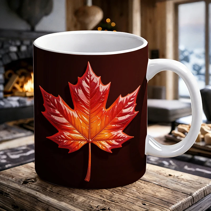 

11 oz novelty ceramic mug with 3D red maple leaf, suitable for tea and milk, home kitchen tableware, reusable stylish coffee cup