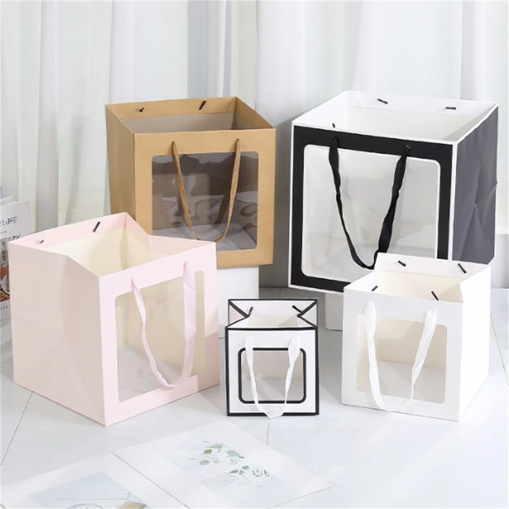 Sac cadeau carré transparent avec poignée, sac de transport en papier robuste pour fleurs, peluches, gâteaux et emballages cadeaux de fête