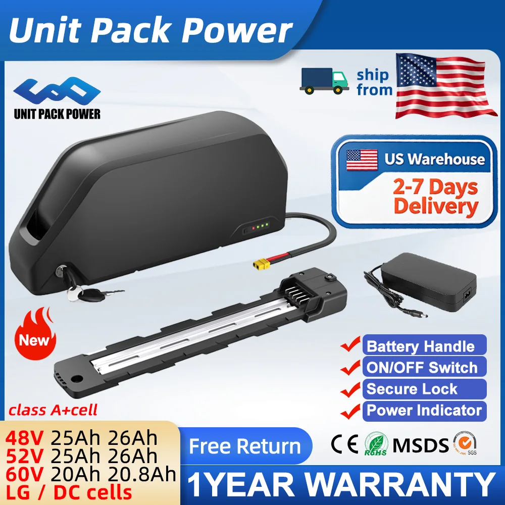 US Warehouse In Stock 36V 48V 52V 60V 72V 15Ah 20Ah 25Ah Hailong Downtube Ebike Lithium Battery Pack for 500W‑2000W Electric Bicycle Scooter, Fast Local Shipping