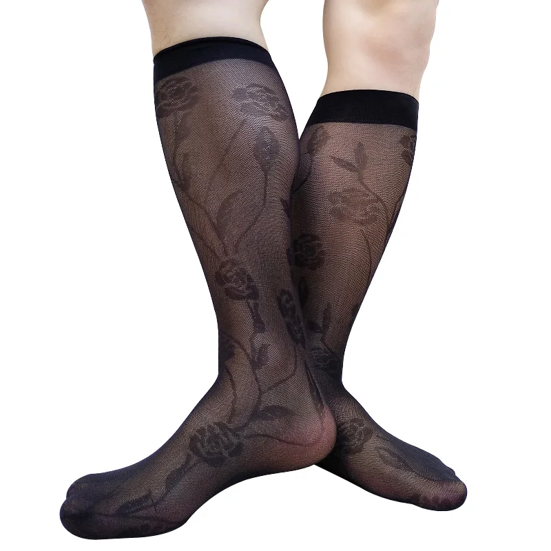 

Floral Print Men's Knee-High Formal Socks Breathable Soft Sexy Stocking Lingerie See-Through Male Dress Suit Black