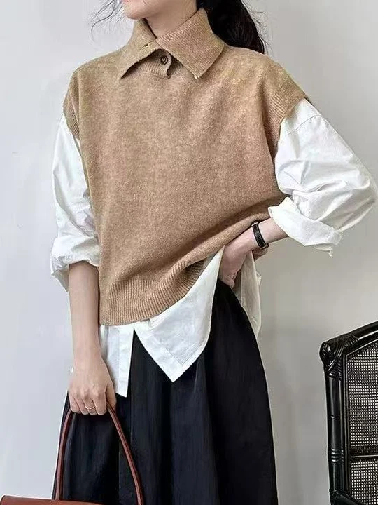 

Spring New High Ne Knitted Sweater Women's Loose Casual Korean Sle Vest Layering Classy Vest Tee-acetate Fiber Outerwear