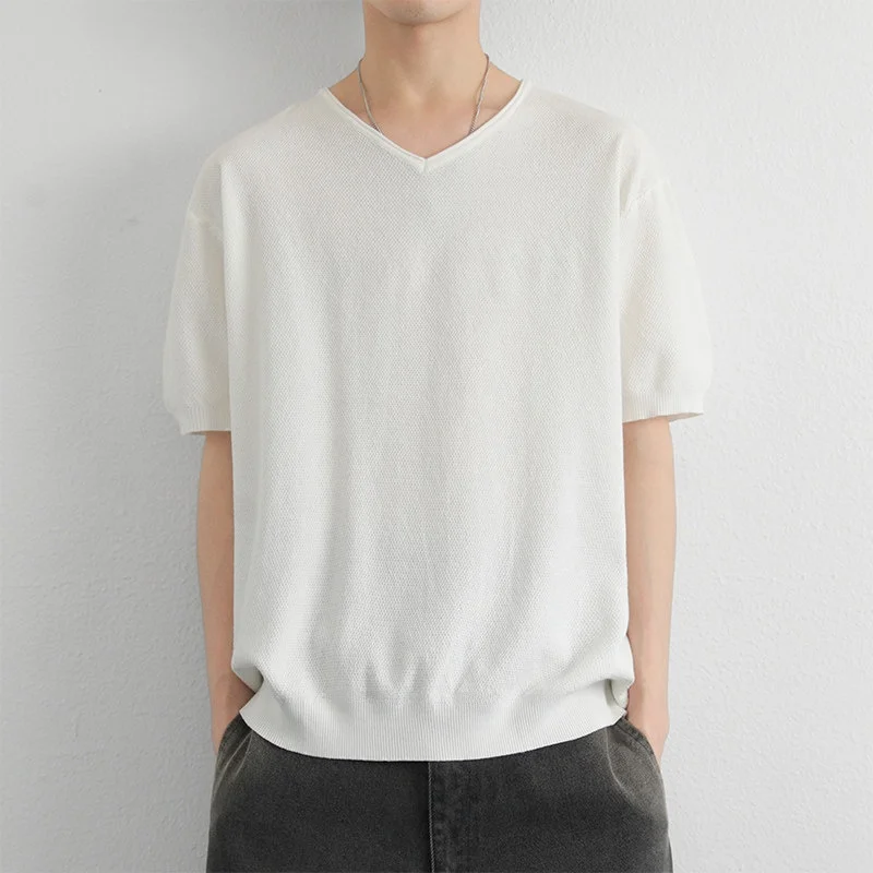 

Мужская простая футболка с V-образным вырезом, коротким рукавом, трикотажная, повседневная, легкая, дышащая, однотонная, летняя, из смеси полиэстера и хлопка