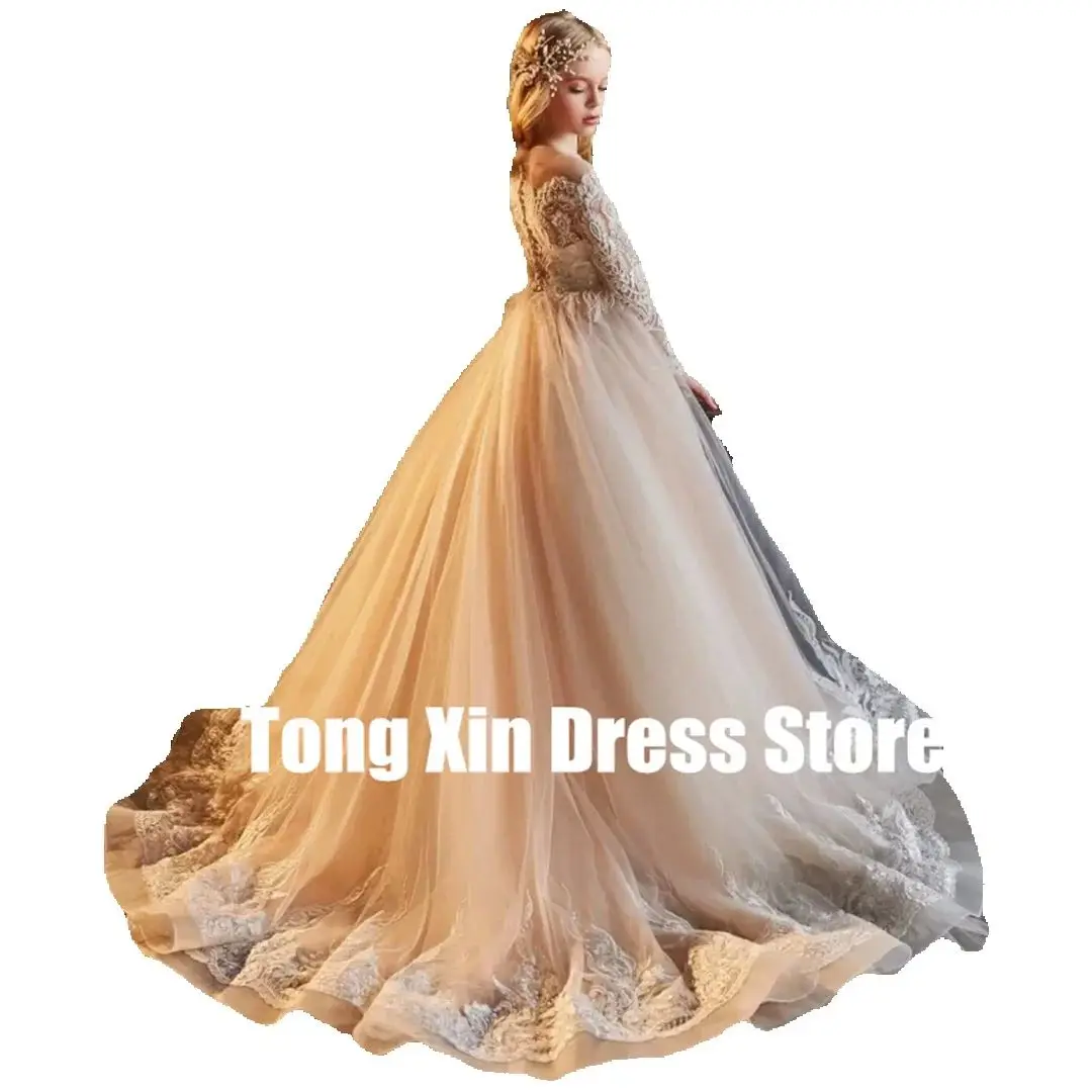 Customized Long Sleeve White Pattern Appliques Flower Girl Dresses Champagne For Wedding Birthday Party Banquet Princess Gowns