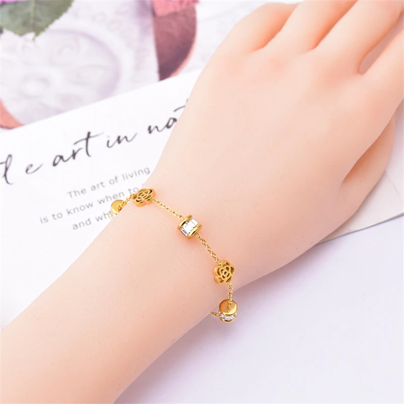 316L Stainless Steel New Fashion Fine Jewelry Zircon Good Luck Beads Welding Rose Flower Charm Chain Bracelets For Women
