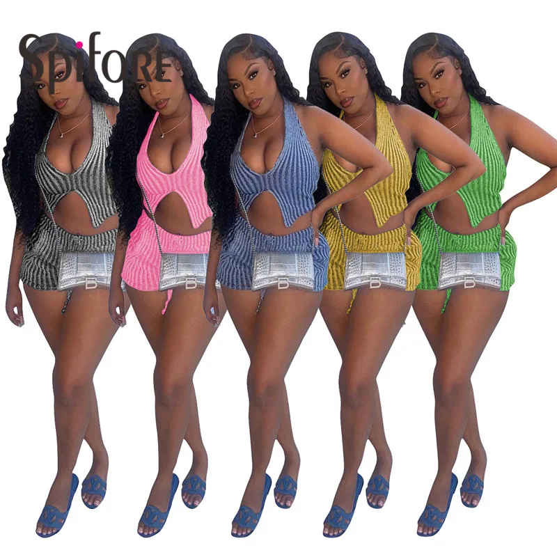 

Spifore Summer Knitted Women Two Piece Shorts Set Sexy Backless Halter Crop Top And Pockets Shorts Fashion Streetwear Suits